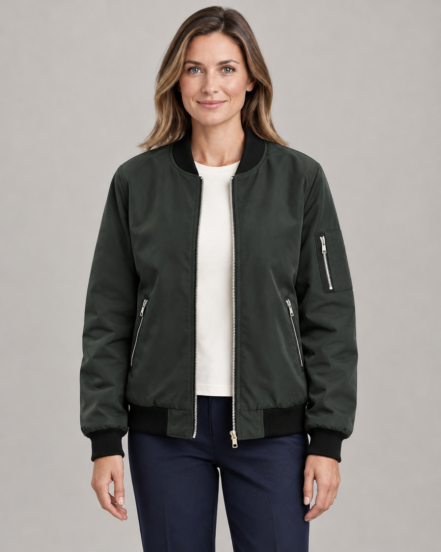 Women's Classic Bomber Jacket with Contrast Ribbed Trim and Zip Pockets