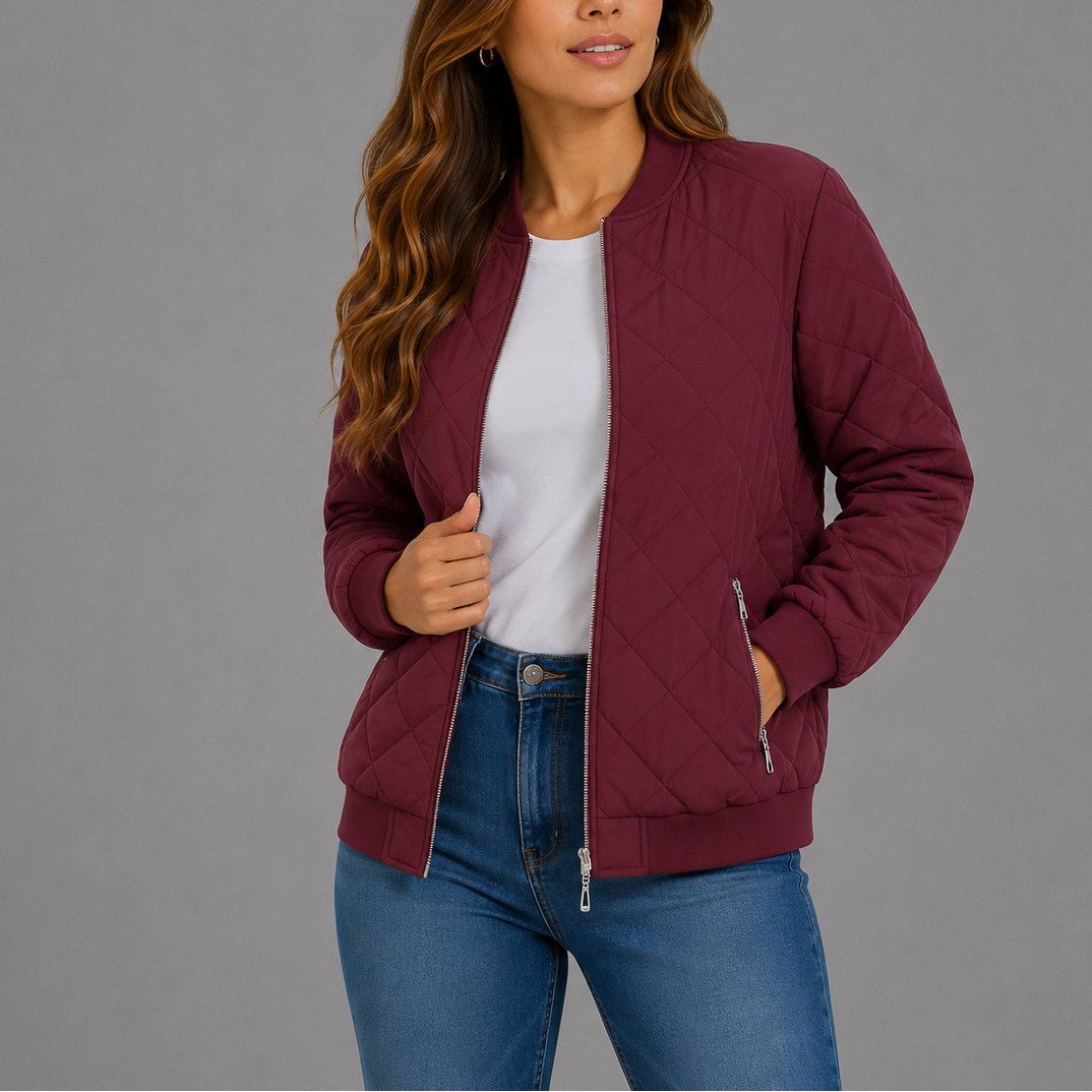 Women's Classic Diamond Quilted Bomber Jacket with Pockets
