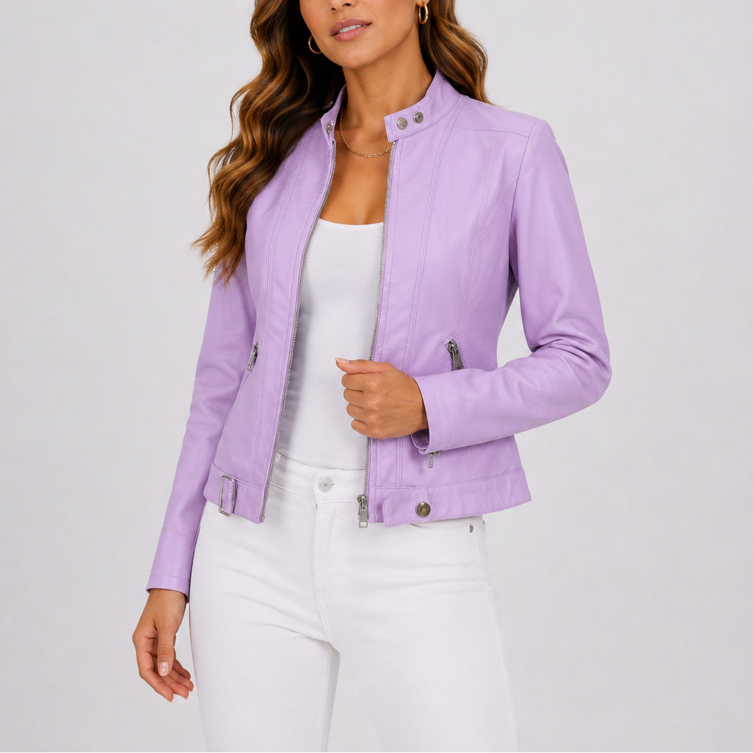 Women's Classic Vegan Leather Jacket with Zip Pockets