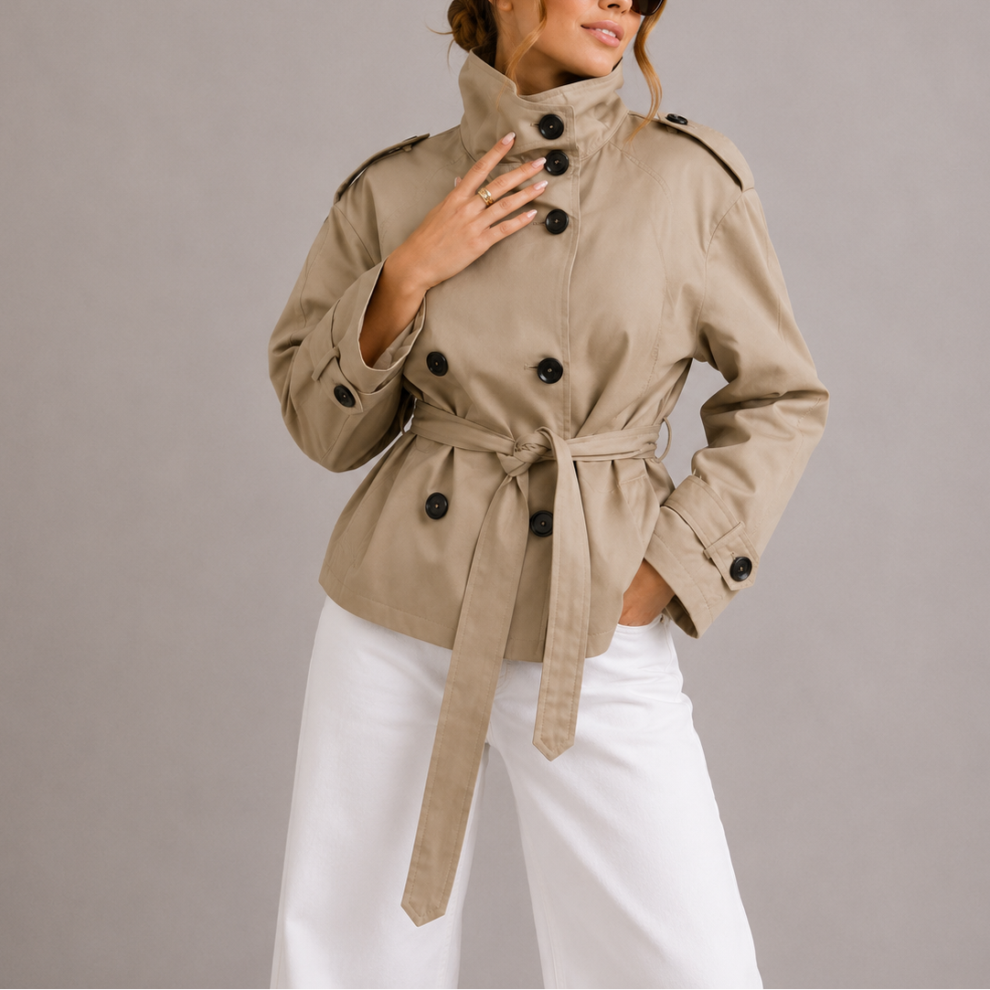 Womens Cropped Double-Breasted Trench Coat Jacket with Belt