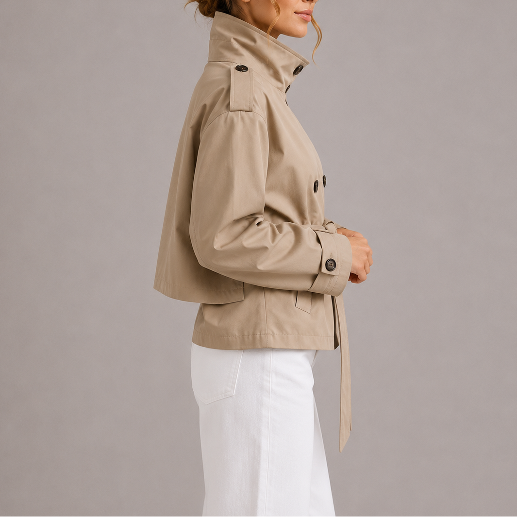 Womens Cropped Double-Breasted Trench Coat Jacket with Belt