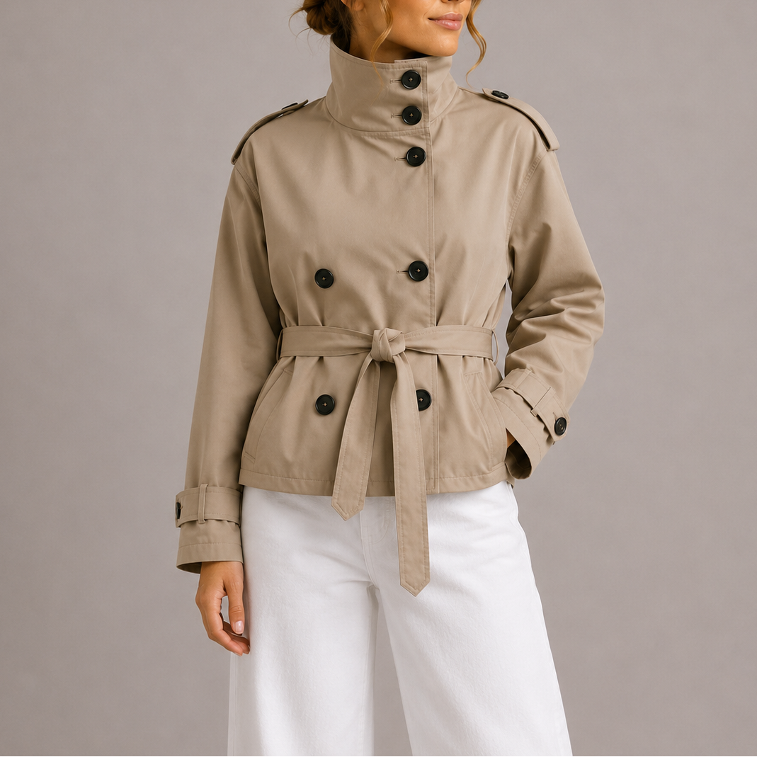 Womens Cropped Double-Breasted Trench Coat Jacket with Belt