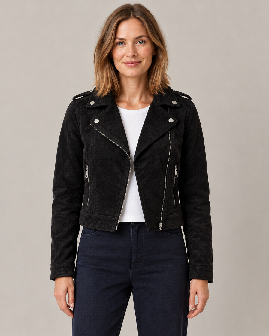 Women's Cropped Suede-Effect Moto Jacket with Asymmetric Zip