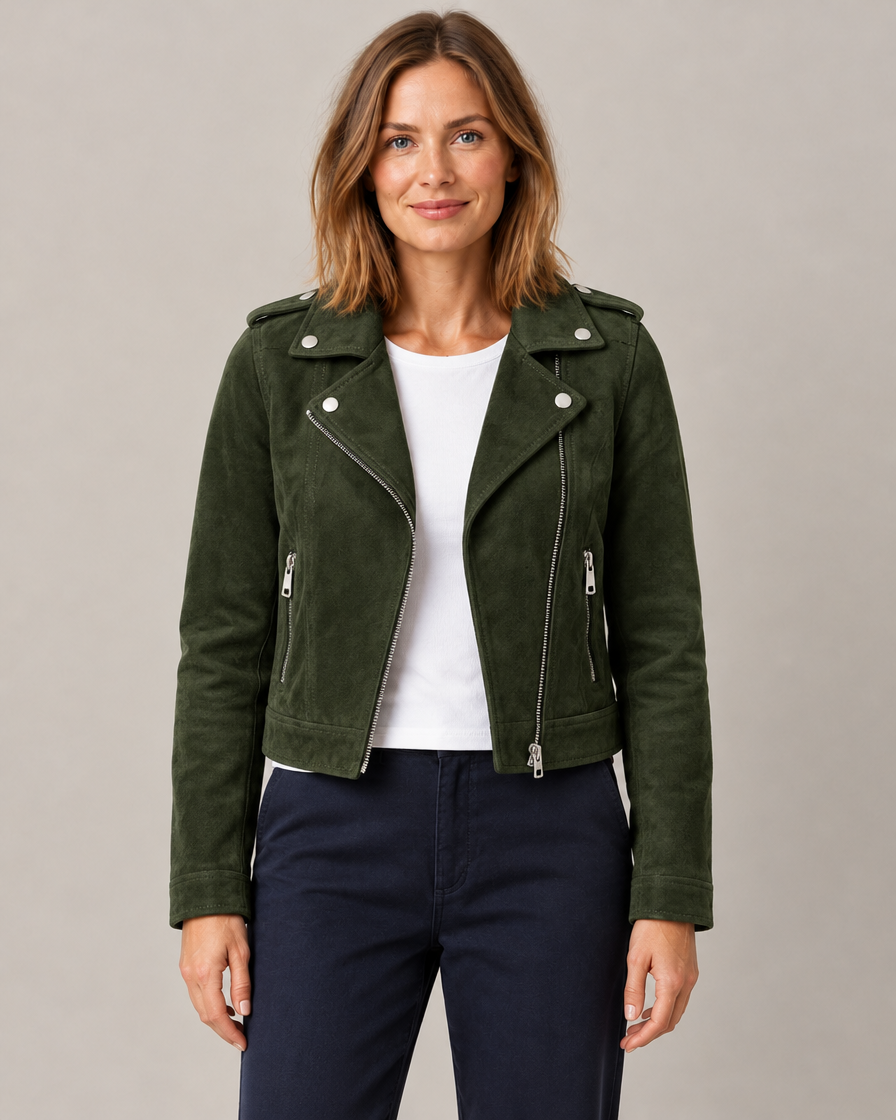 Women's Cropped Suede-Effect Moto Jacket with Asymmetric Zip