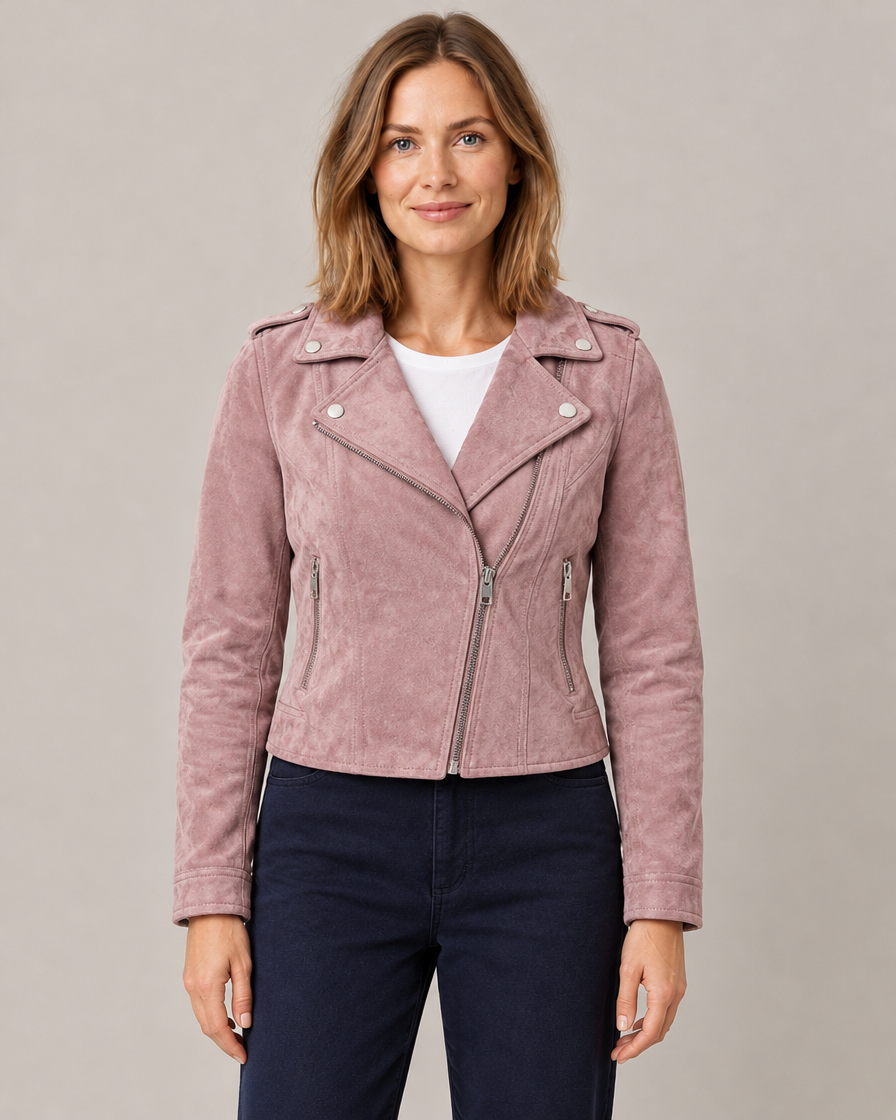 Women's Cropped Suede-Effect Moto Jacket with Asymmetric Zip