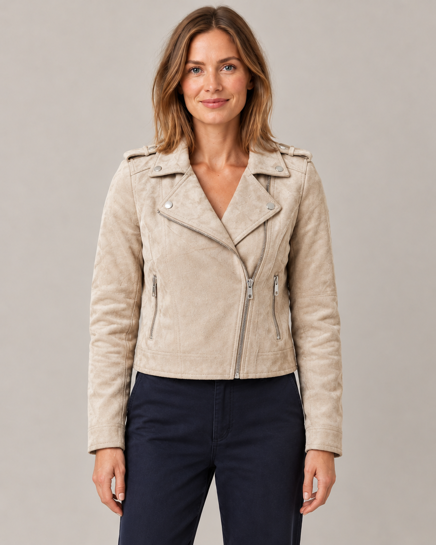 Women's Cropped Suede-Effect Moto Jacket with Asymmetric Zip