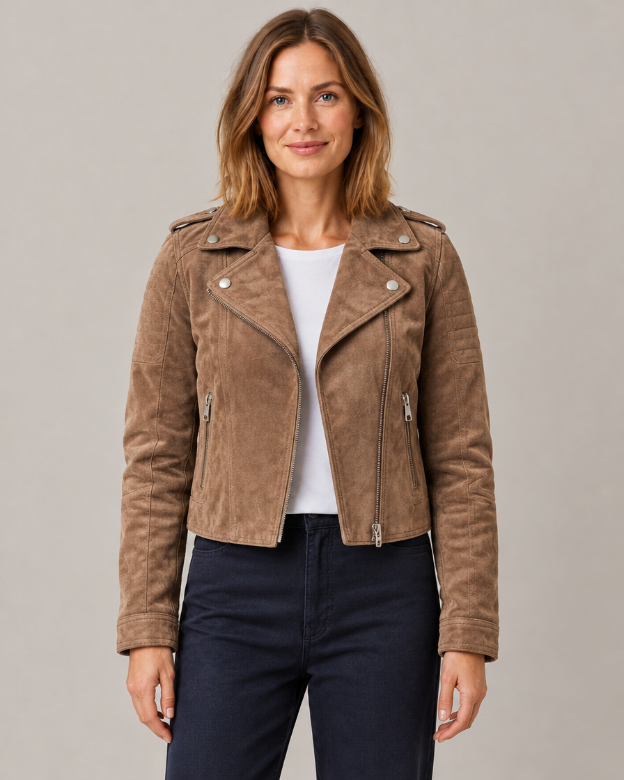 Women's Cropped Suede-Effect Moto Jacket with Asymmetric Zip