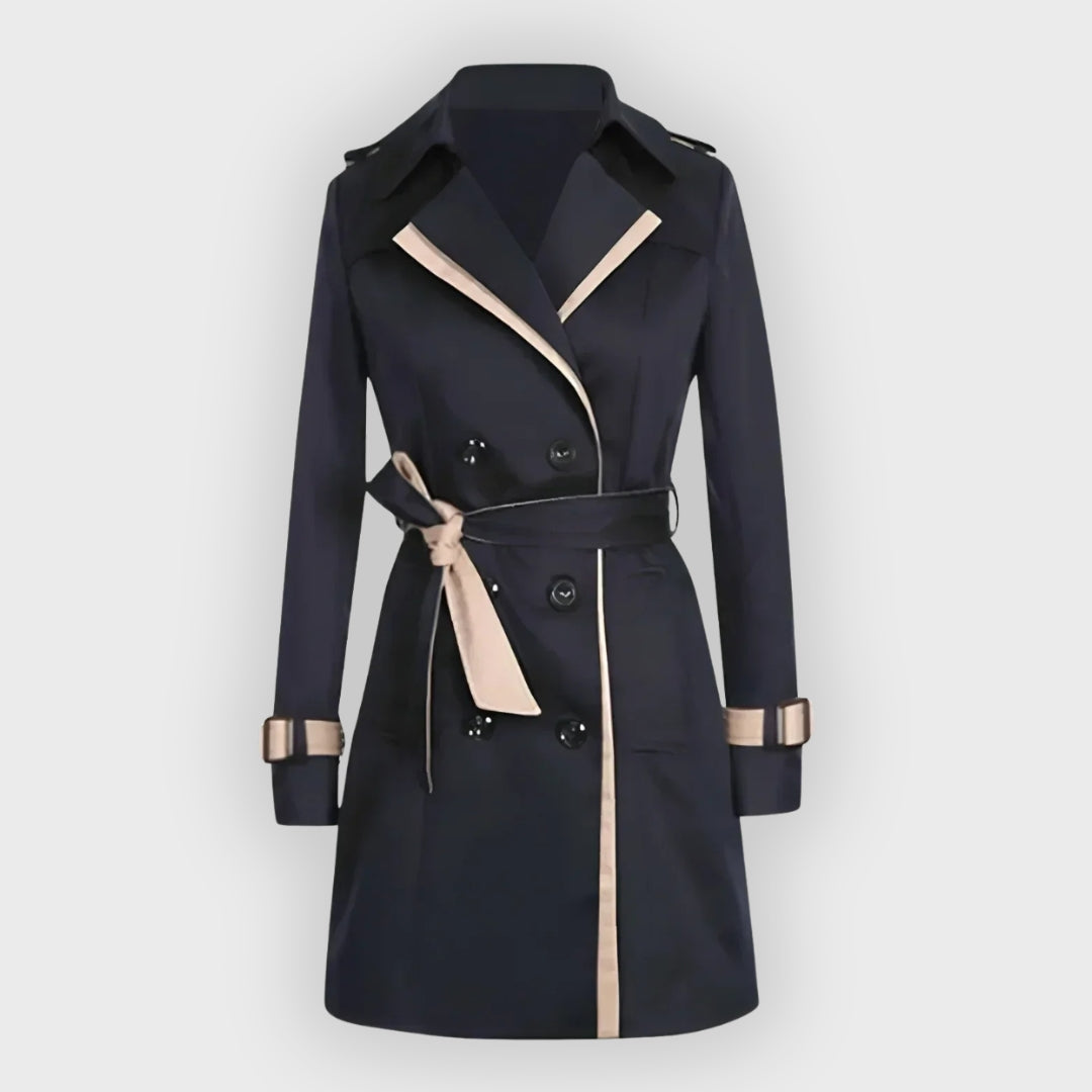 Women's Double-Breasted Belted Trench Coat with Contrast Trim
