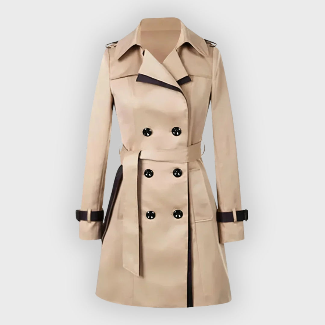 Women's Double-Breasted Belted Trench Coat with Contrast Trim