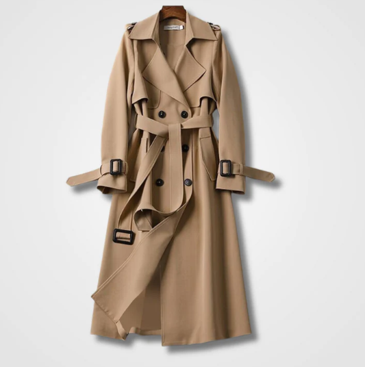 Women's Double-Breasted Belted Trench Coat with Notched Lapel