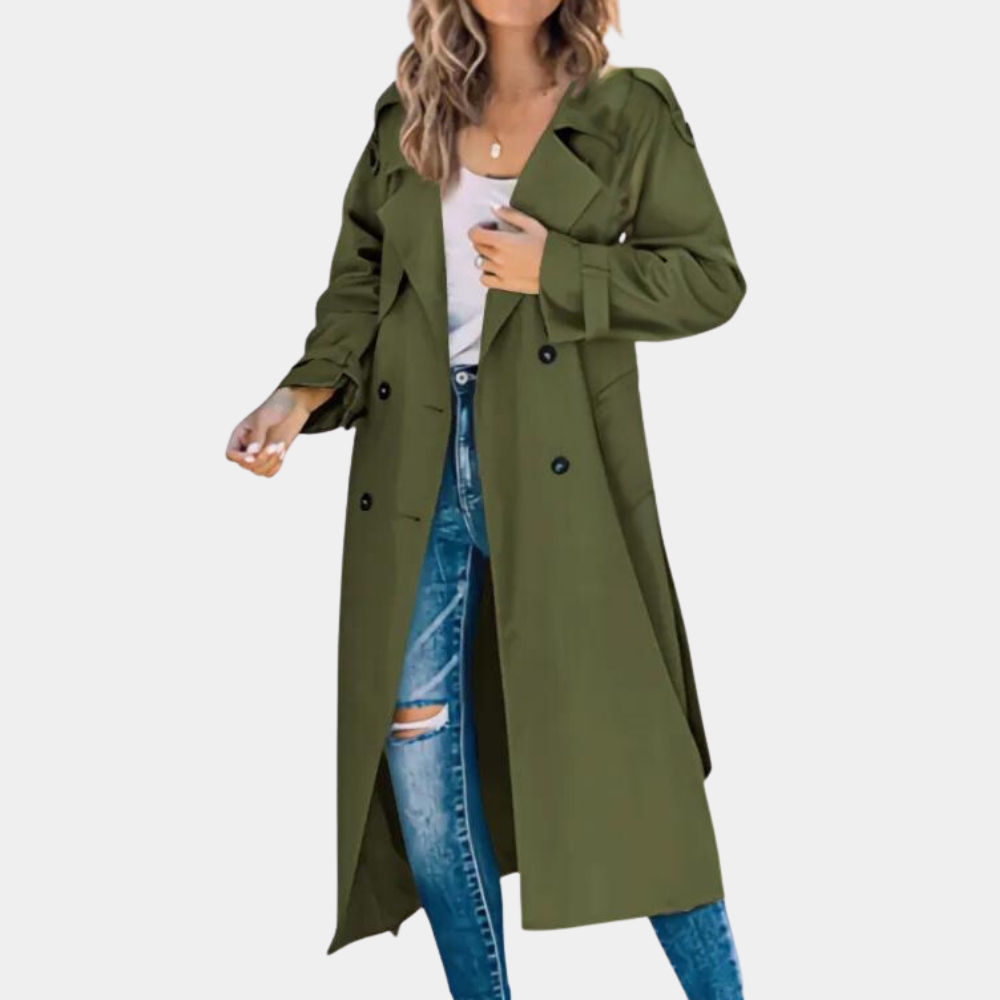 Women's Double-Breasted Long Trench Coat with Tie Belt