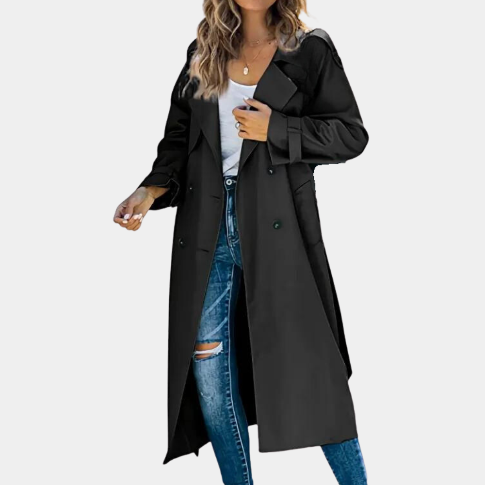 Women's Double-Breasted Long Trench Coat with Tie Belt