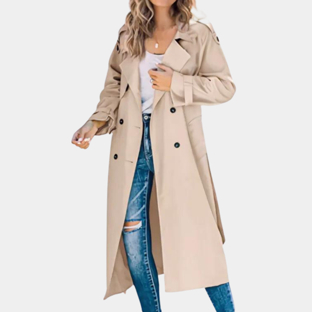Women's Double-Breasted Long Trench Coat with Tie Belt