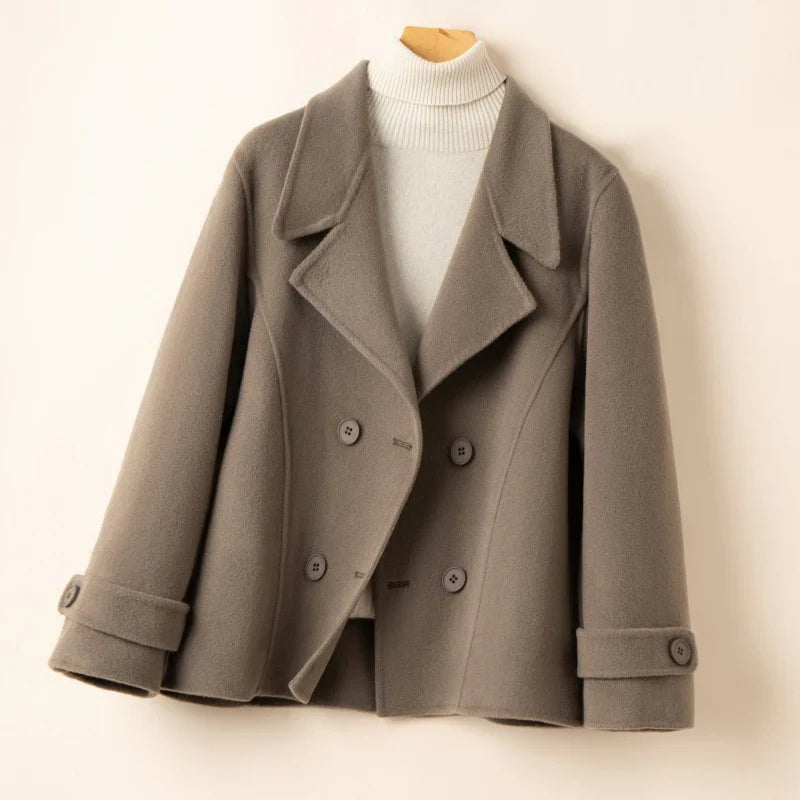Women's Double-Breasted Wool Pea Coat with Notched Lapels
