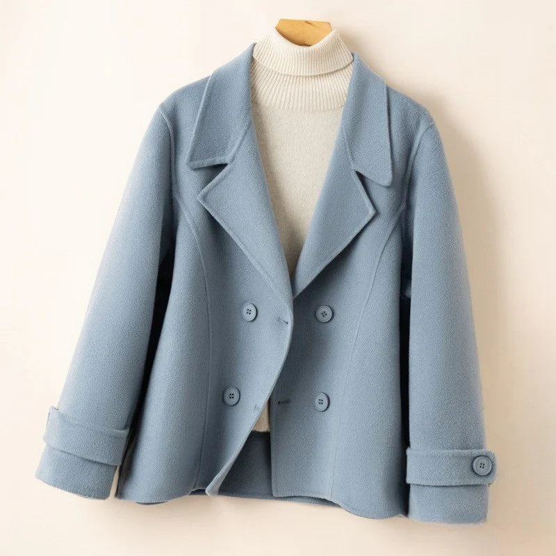 Women's Double-Breasted Wool Pea Coat with Notched Lapels