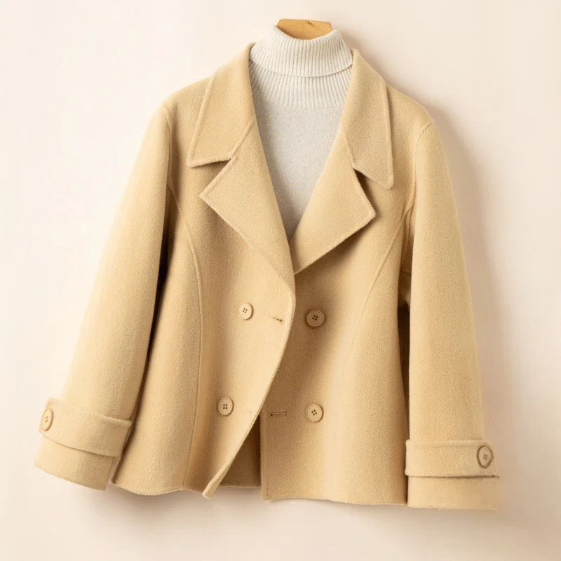 Women's Double-Breasted Wool Pea Coat with Notched Lapels