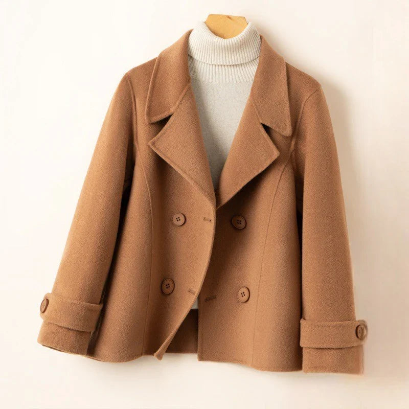 Women's Double-Breasted Wool Pea Coat with Notched Lapels