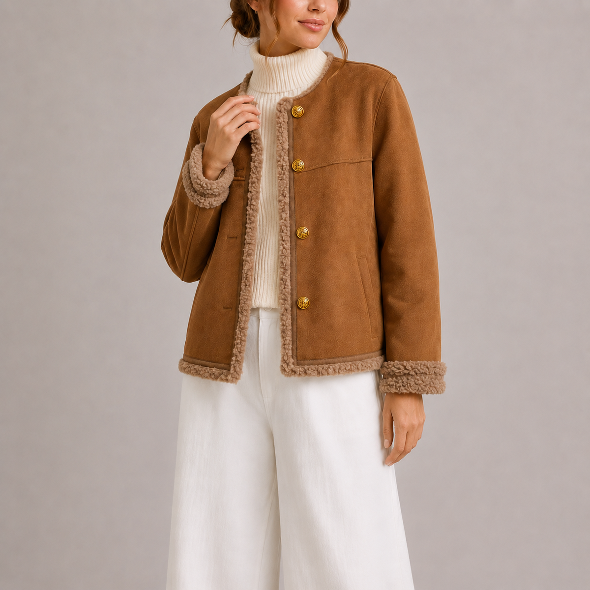 Women's Faux Suede Autumn Jacket with Shearling Trim in Brown
