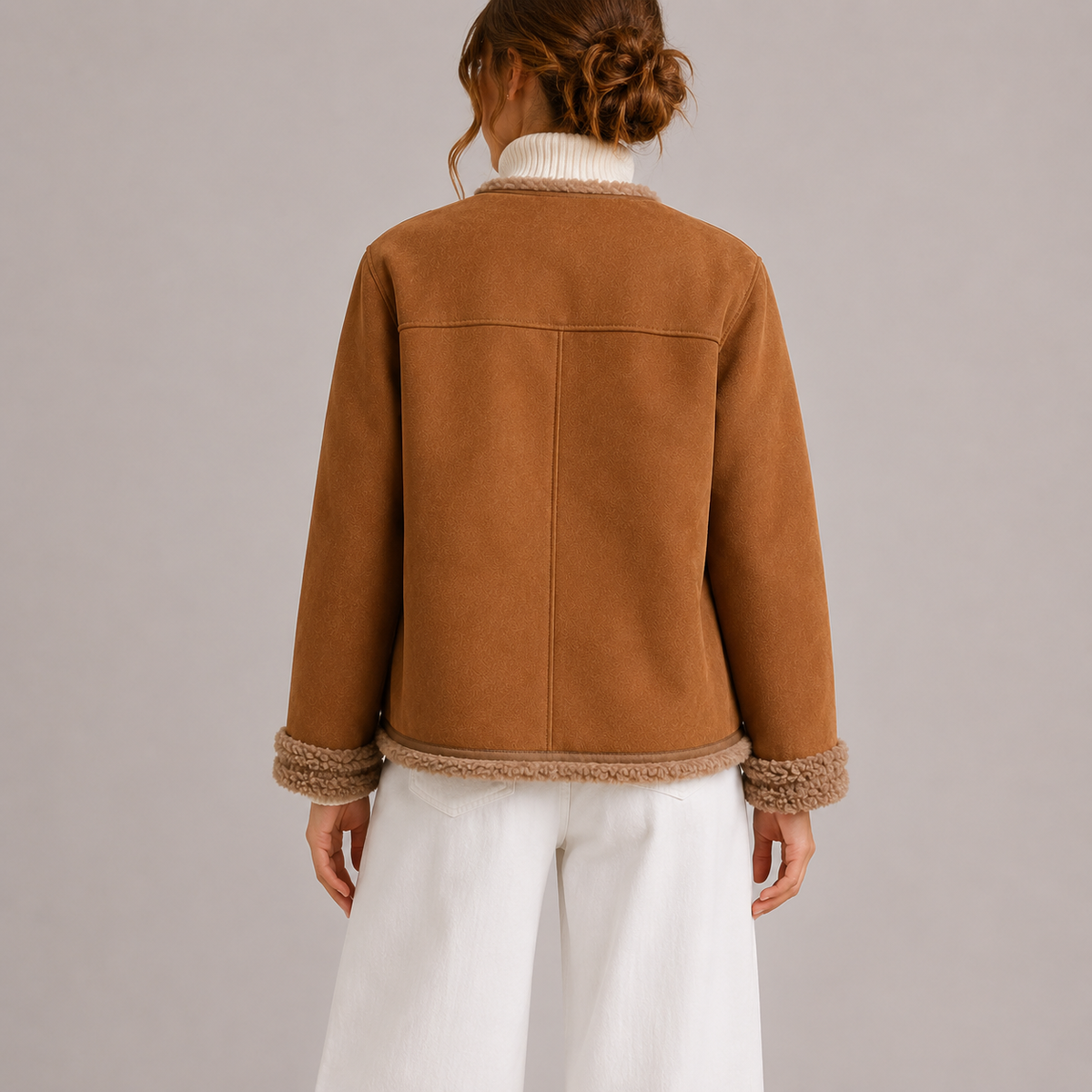 Women's Faux Suede Autumn Jacket with Shearling Trim in Brown