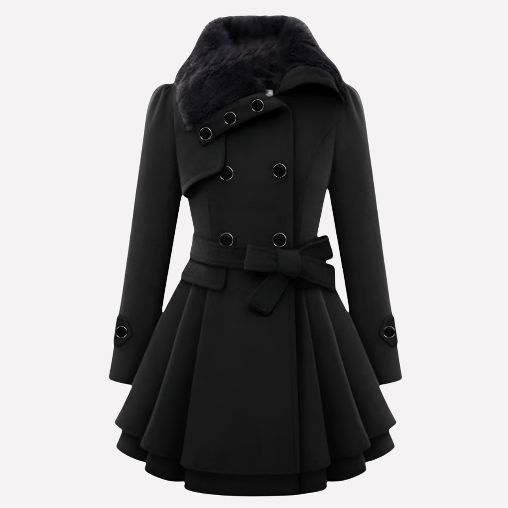 Women's black flare trench coat with faux-fur collar, tie belt, and pleated skirt.
