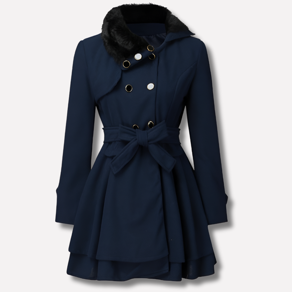 Women's fit-and-flare belted trench coat with plush lapel collar and pleated skirt.