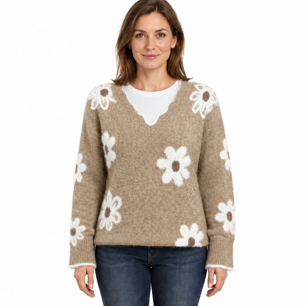 Women's Floral Knit Jumper with V-Neckline and Relaxed Fit