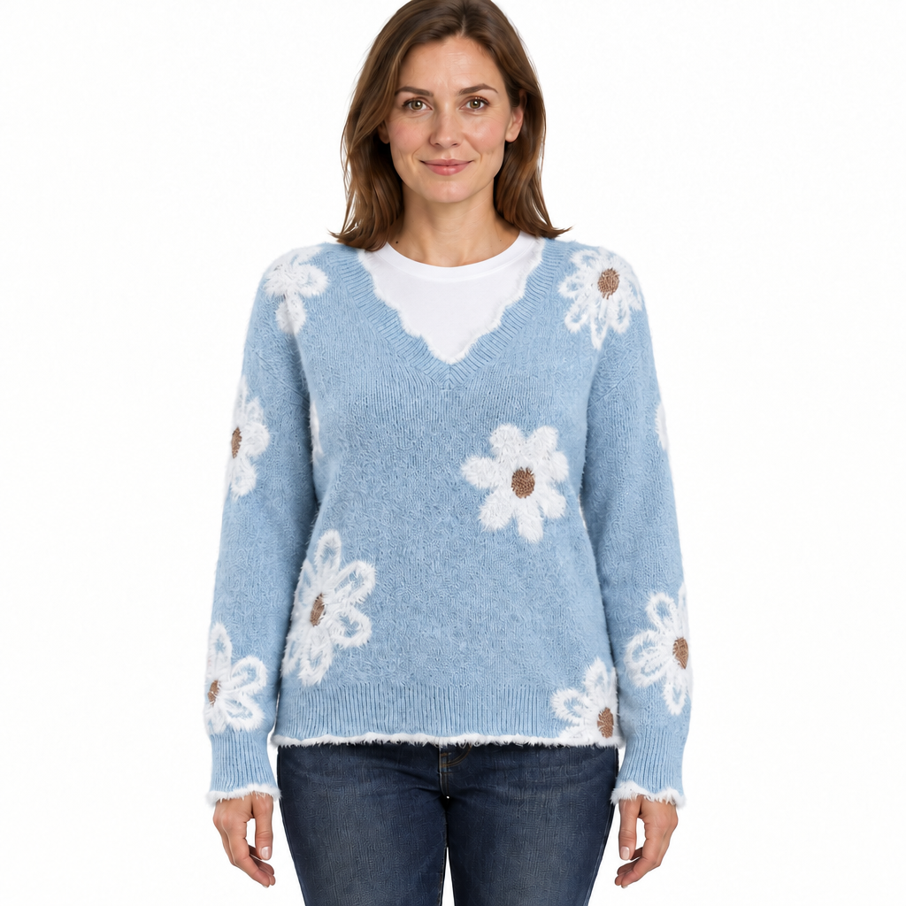 Women's Floral Knit Jumper with V-Neckline and Relaxed Fit