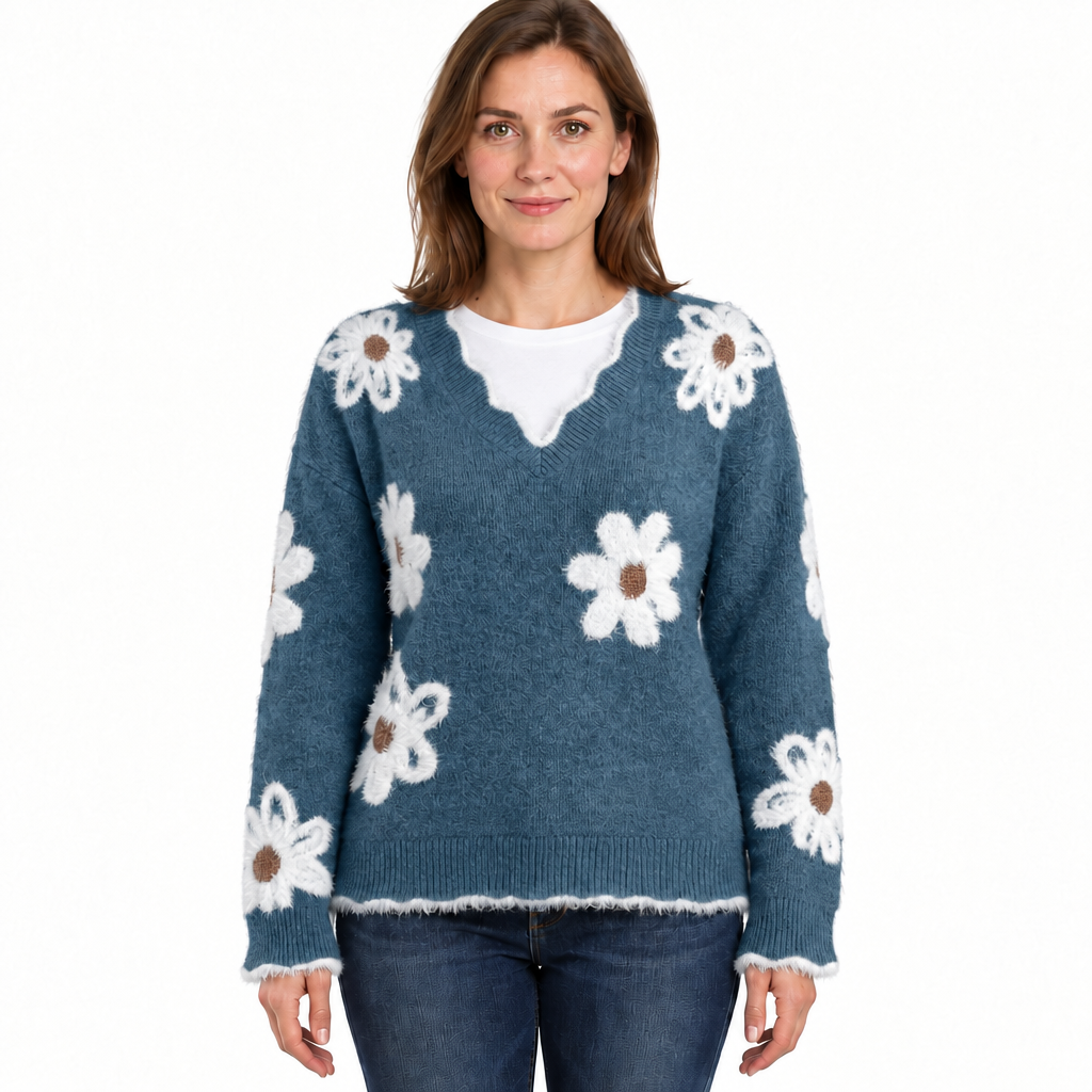 Women's Floral Knit Jumper with V-Neckline and Relaxed Fit