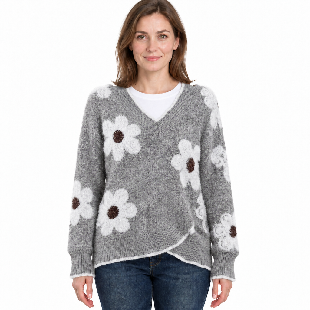 Women's Floral Knit Jumper with V-Neckline and Relaxed Fit