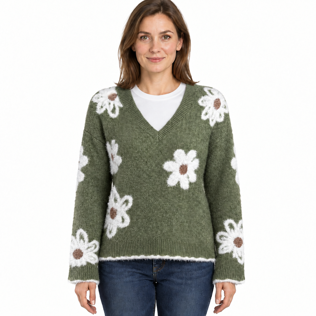 Women's Floral Knit Jumper with V-Neckline and Relaxed Fit