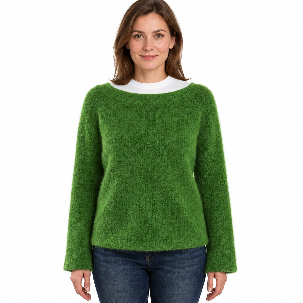 Women's Fluffy Knit Jumper with Wide Round Neckline
