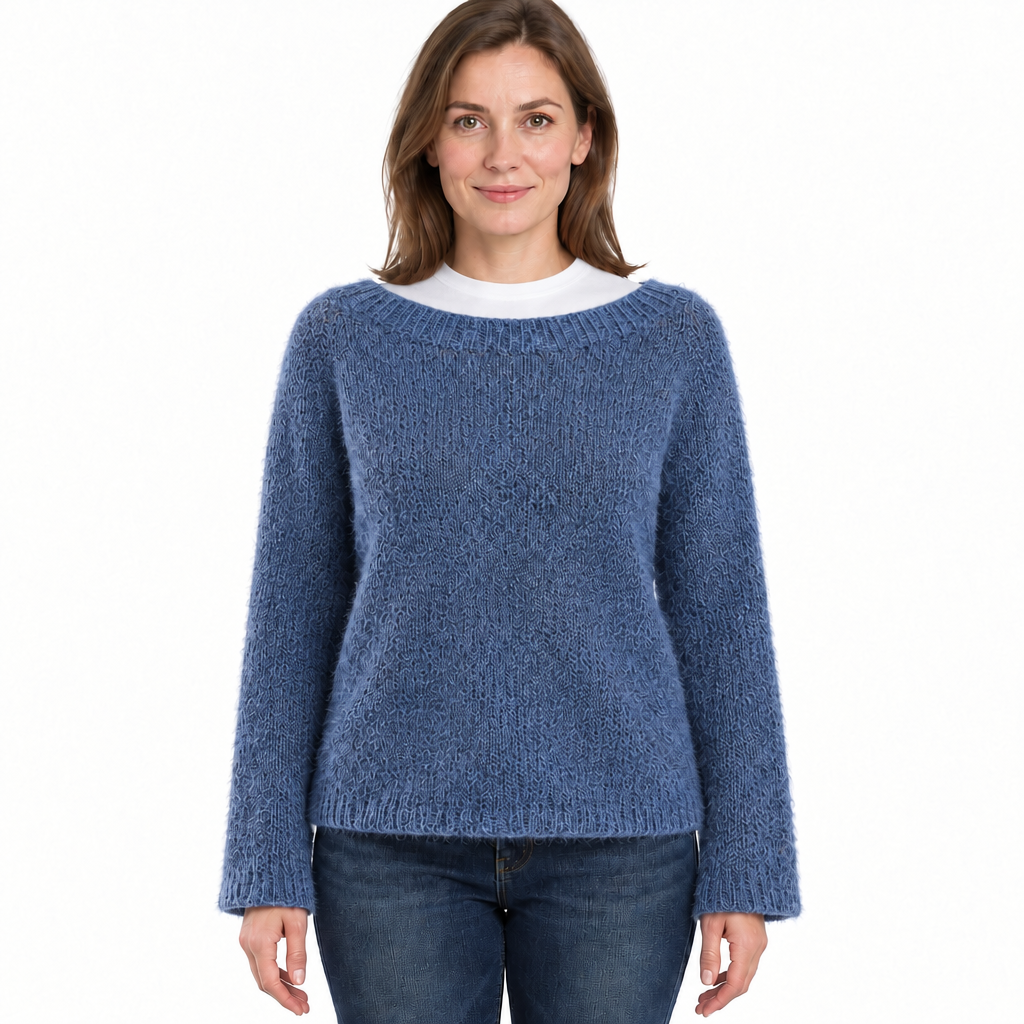 Women's Fluffy Knit Jumper with Wide Round Neckline