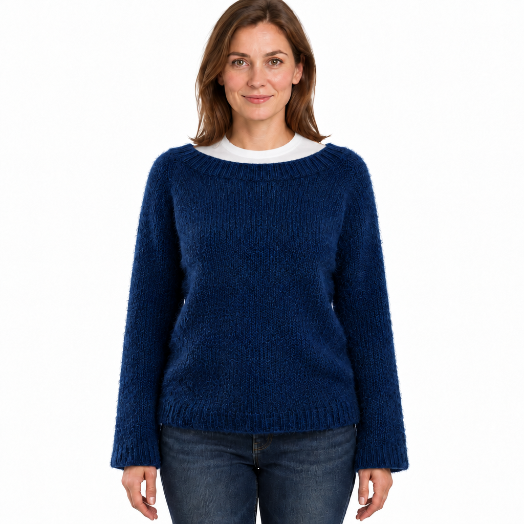 Women's Fluffy Knit Jumper with Wide Round Neckline