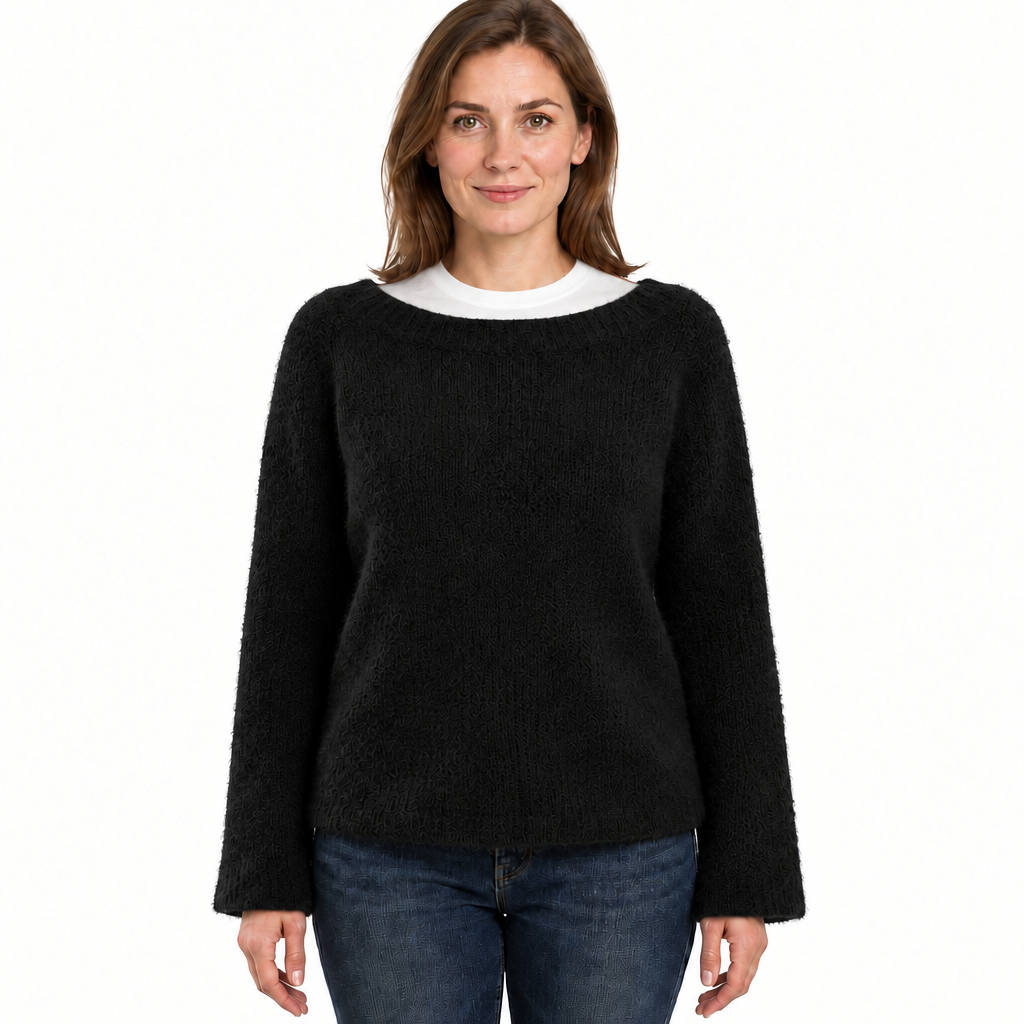 Women's Fluffy Knit Jumper with Wide Round Neckline