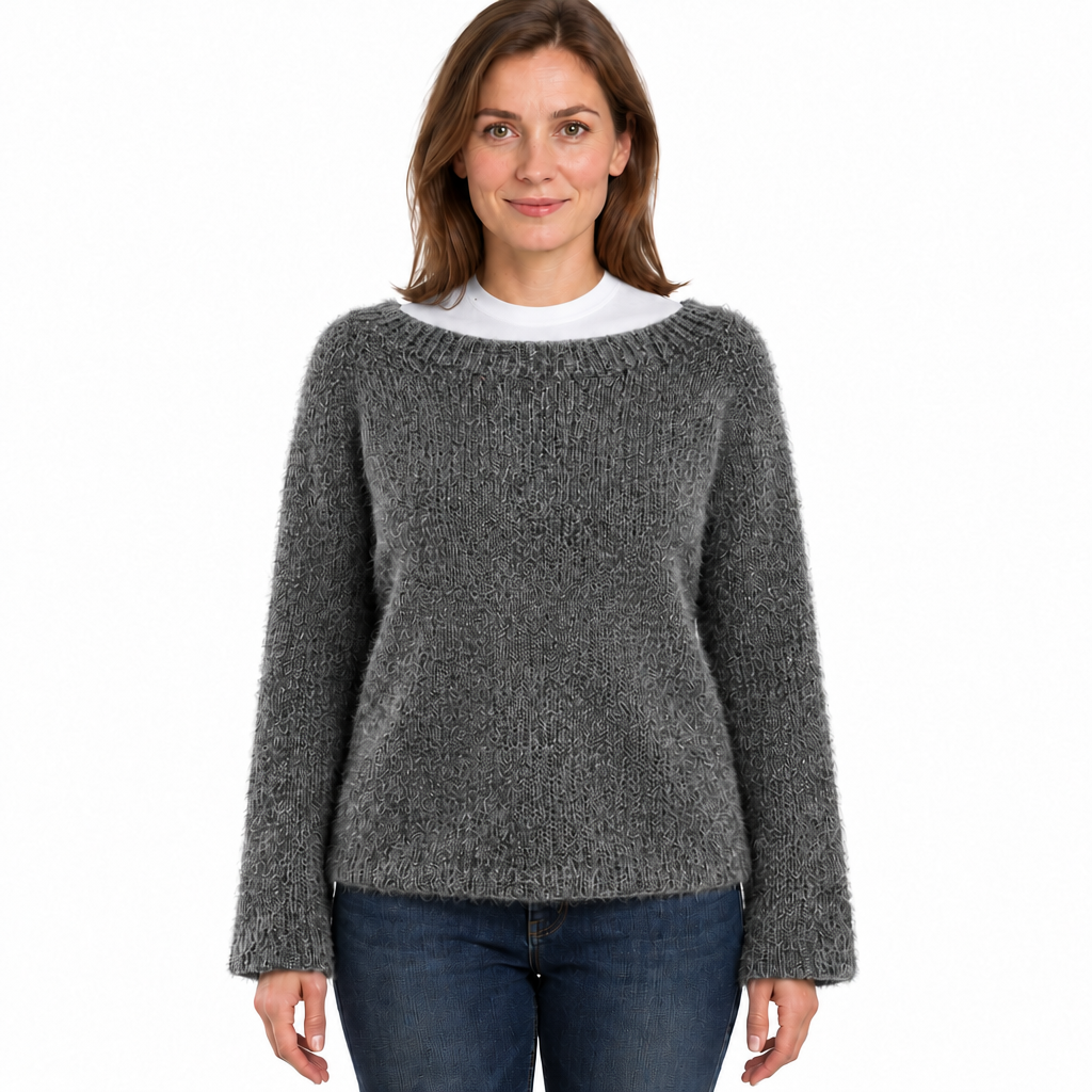 Women's Fluffy Knit Jumper with Wide Round Neckline