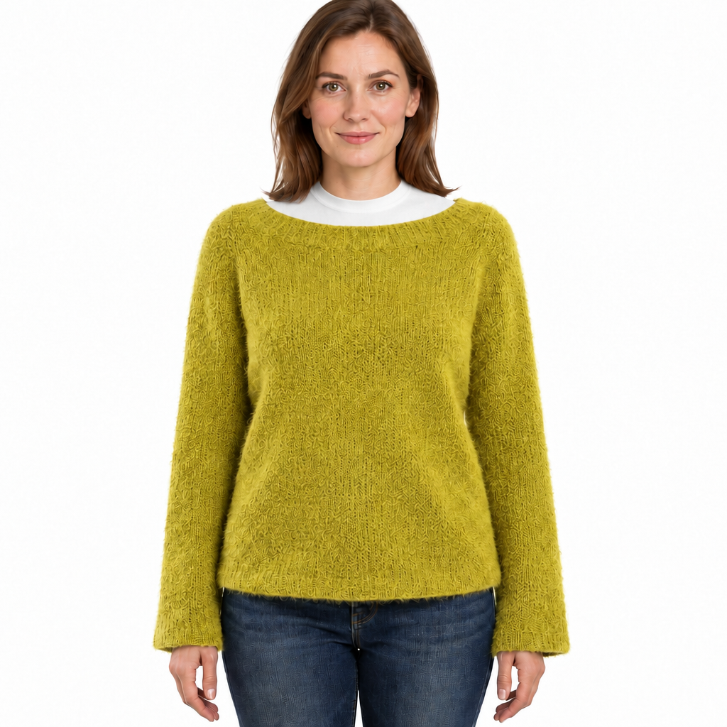 Women's Fluffy Knit Jumper with Wide Round Neckline