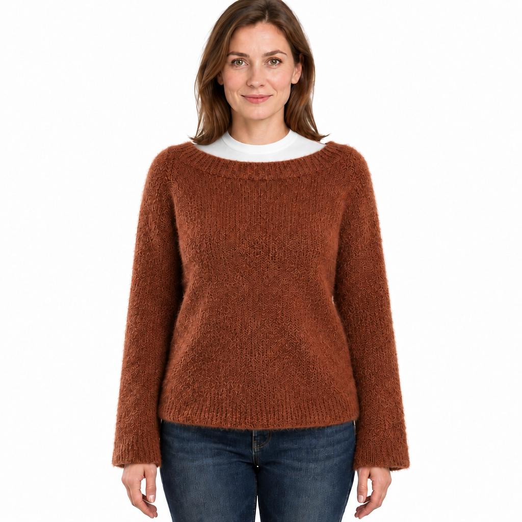 Women's Fluffy Knit Jumper with Wide Round Neckline