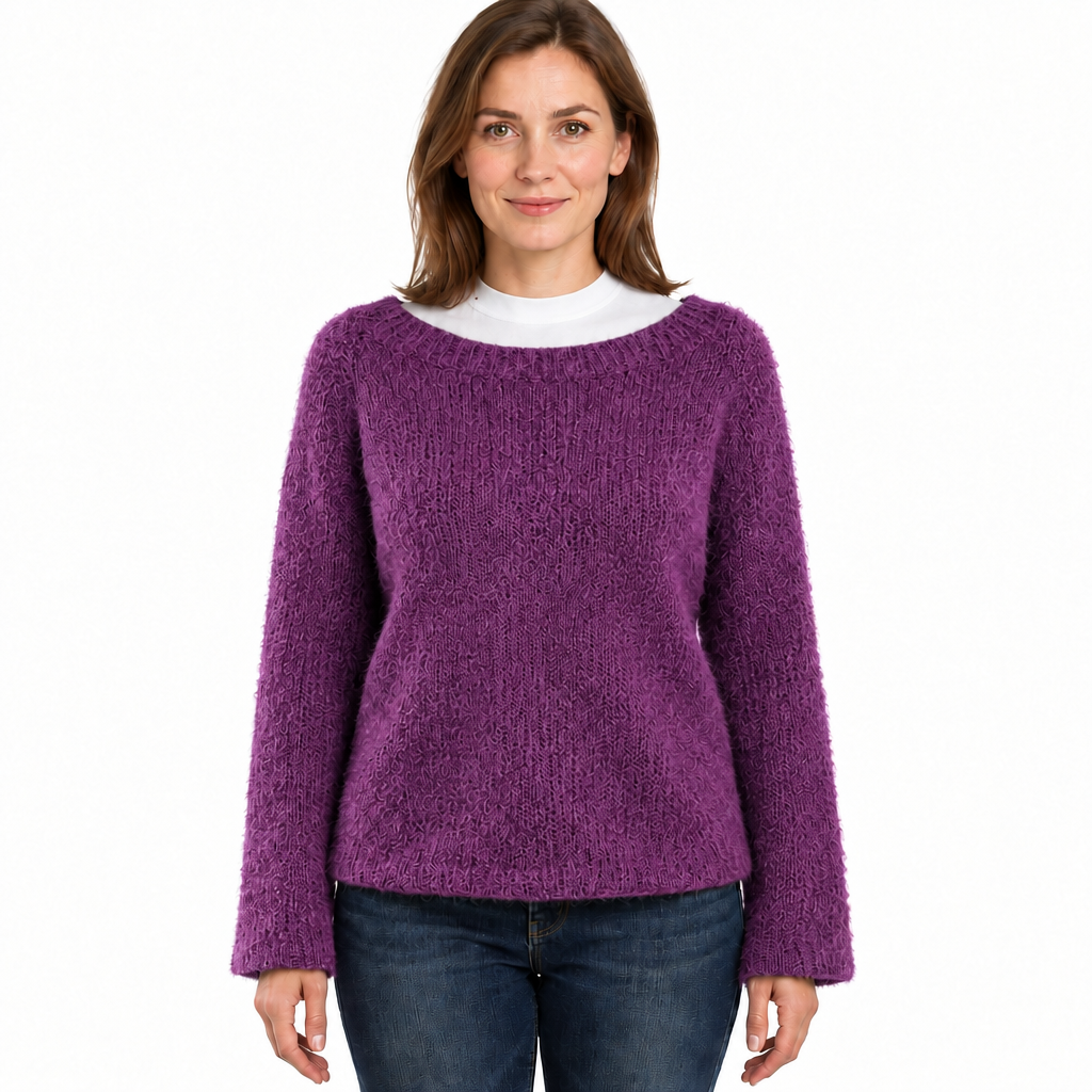Women's Fluffy Knit Jumper with Wide Round Neckline