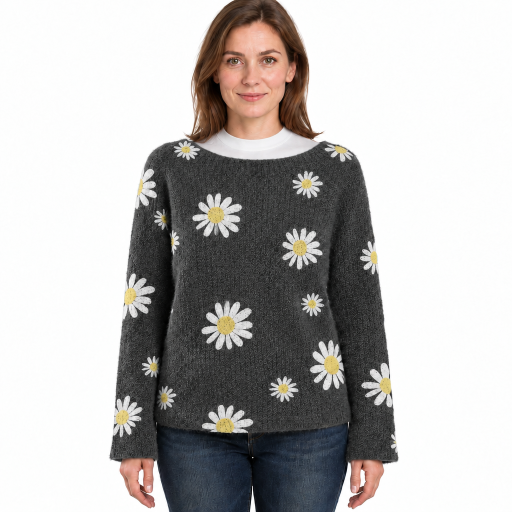 Women's Fluffy Knit Jumper with Wide Round Neckline