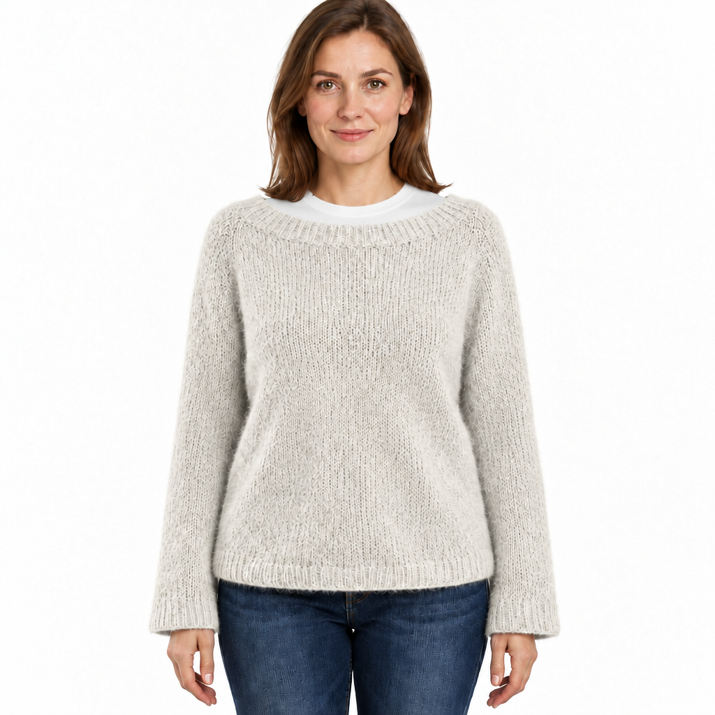 Women's Fluffy Knit Jumper with Wide Round Neckline