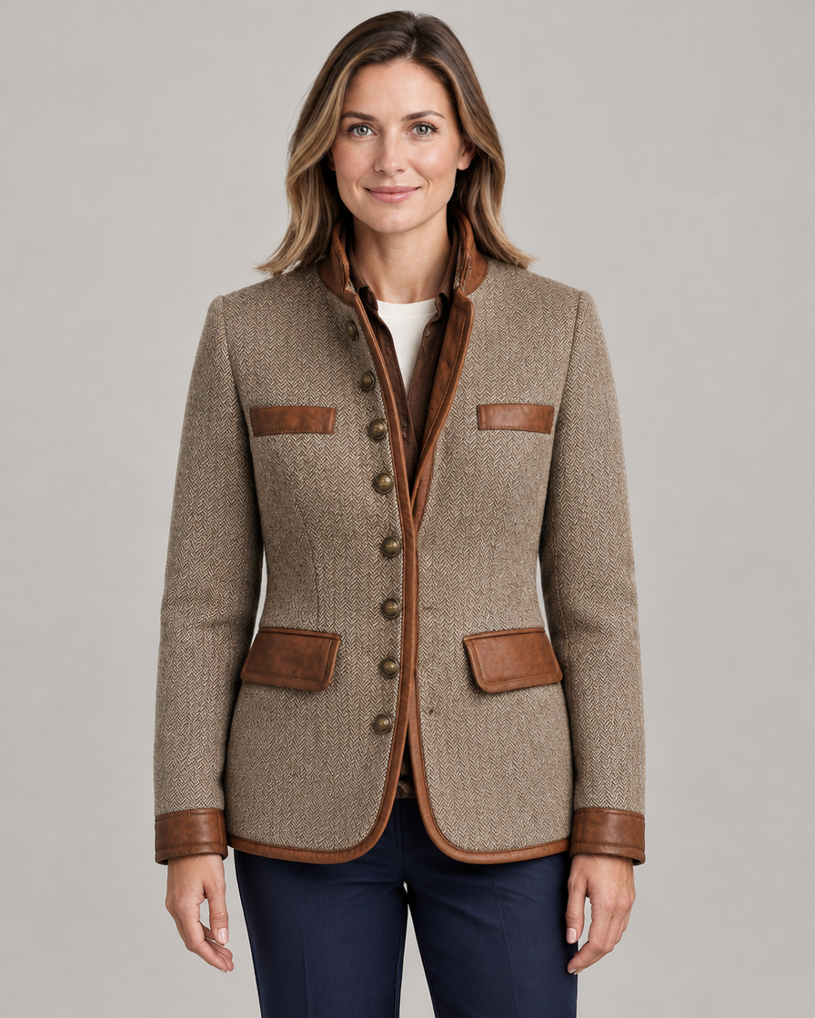 Women's Herringbone Tweed Blazer Jacket with Leather-Look Trim