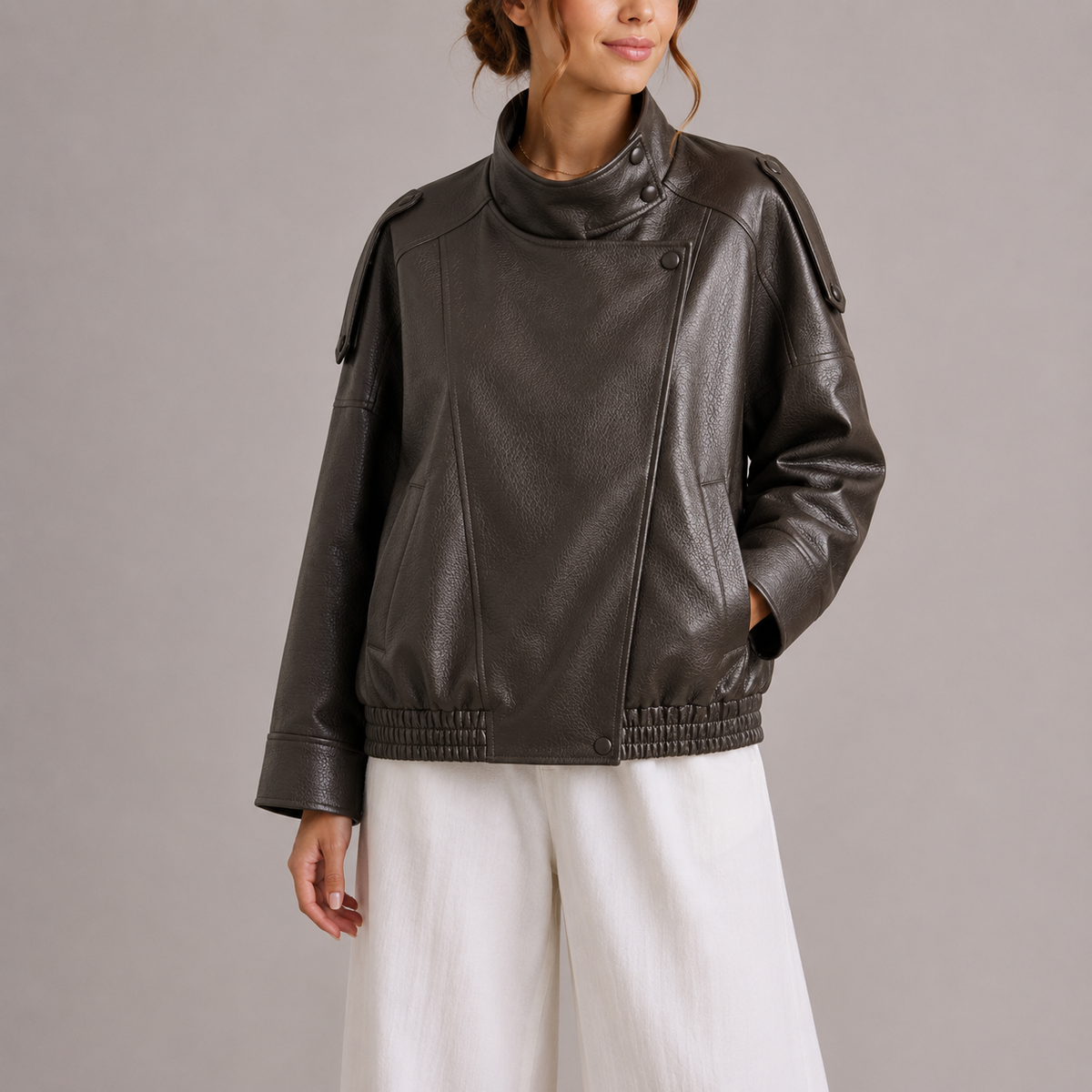 Women's High Collar Oversized Faux Leather Bomber Jacket
