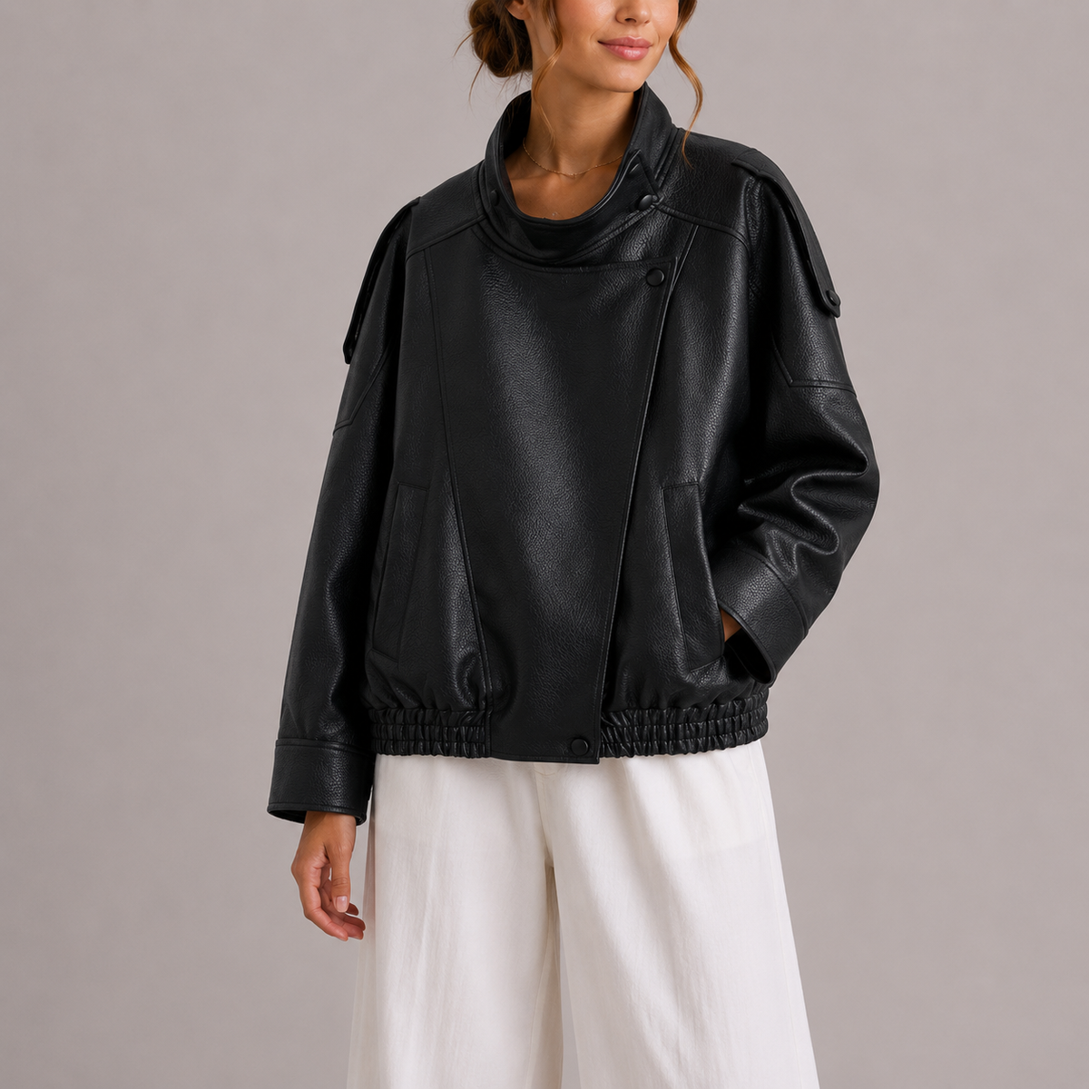 Women's High Collar Oversized Faux Leather Bomber Jacket