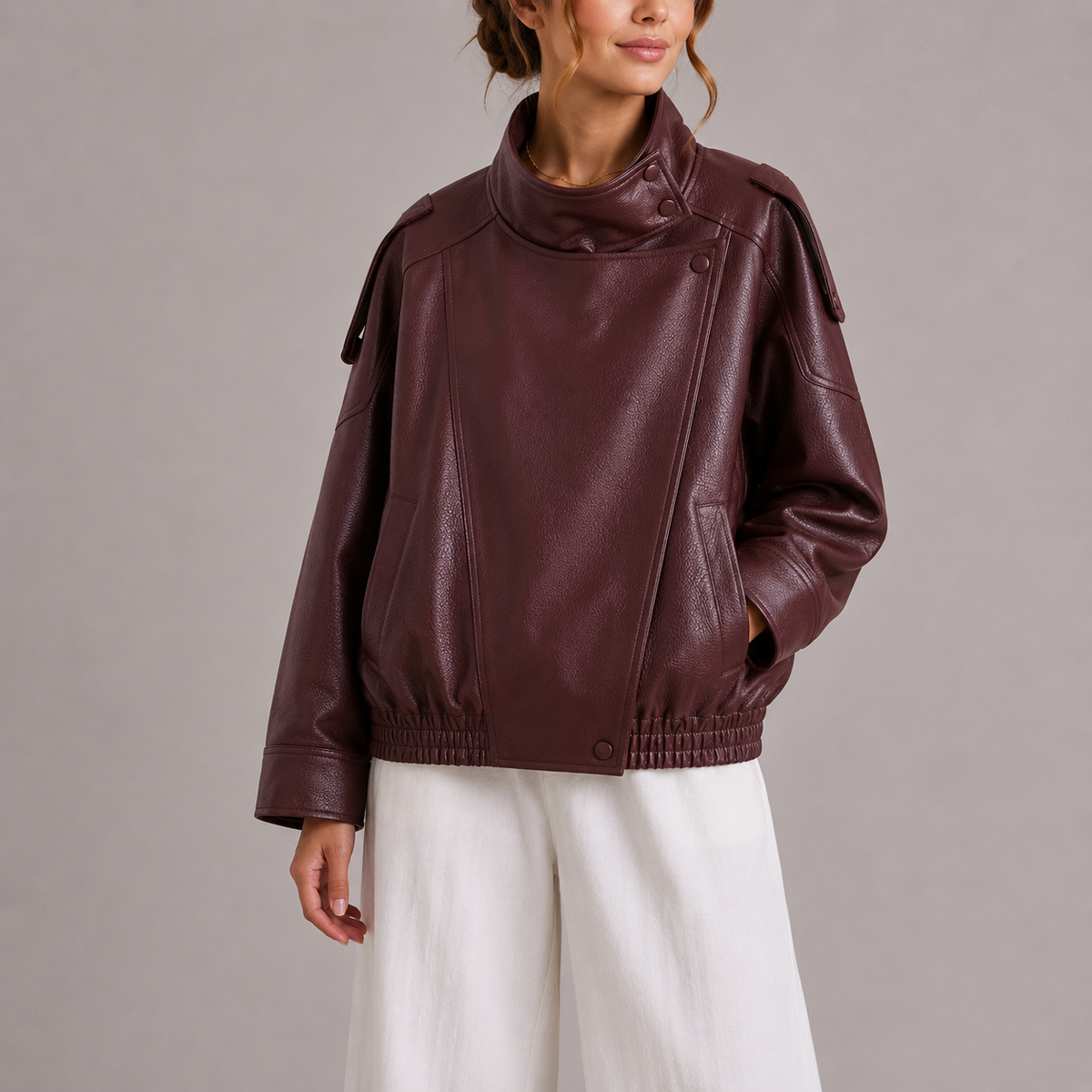 Women's High Collar Oversized Faux Leather Bomber Jacket