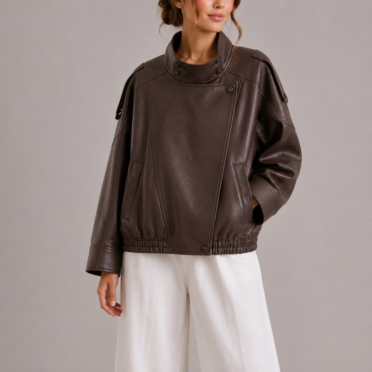 Women's High Collar Oversized Faux Leather Bomber Jacket
