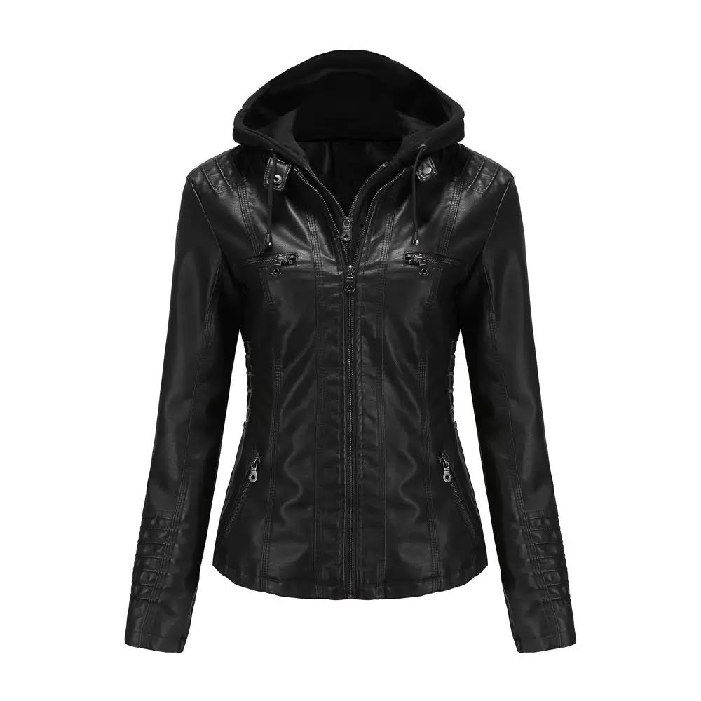 Women's Hooded Faux Leather Moto Jacket in Various Colours