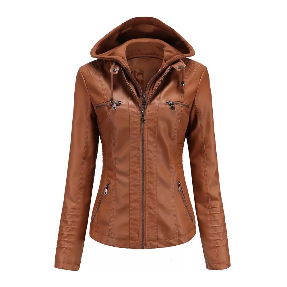 Women's Hooded Faux Leather Moto Jacket in Various Colours