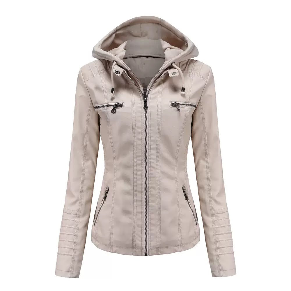Women's Hooded Faux Leather Moto Jacket in Various Colours