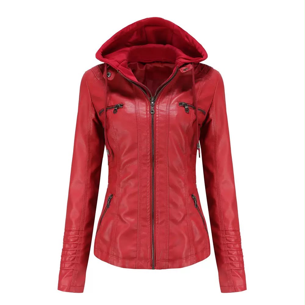 Women's Hooded Faux Leather Moto Jacket in Various Colours
