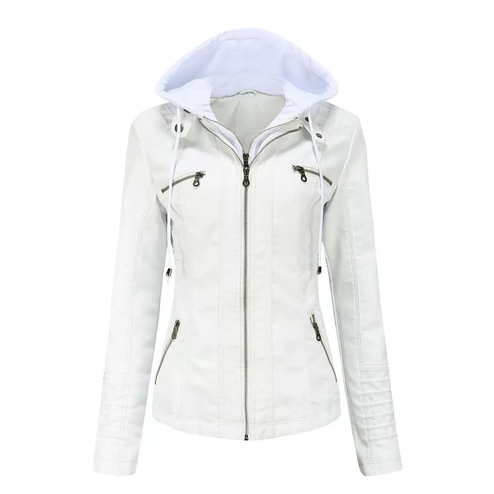 Women's Hooded Faux Leather Moto Jacket in Various Colours